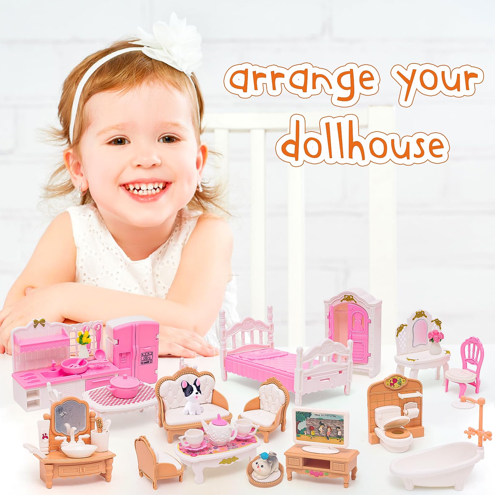 HAPGFS 45-Piece Mini Dollhouse Furniture Set for 5-6 Inch Dolls - Bedroom, Living Room, Bathroom & Kitchen Accessories with Moving Parts