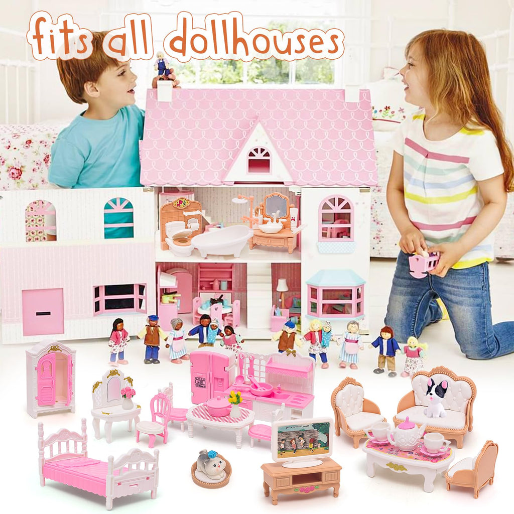 HAPGFS 45-Piece Mini Dollhouse Furniture Set for 5-6 Inch Dolls - Bedroom, Living Room, Bathroom & Kitchen Accessories with Moving Parts