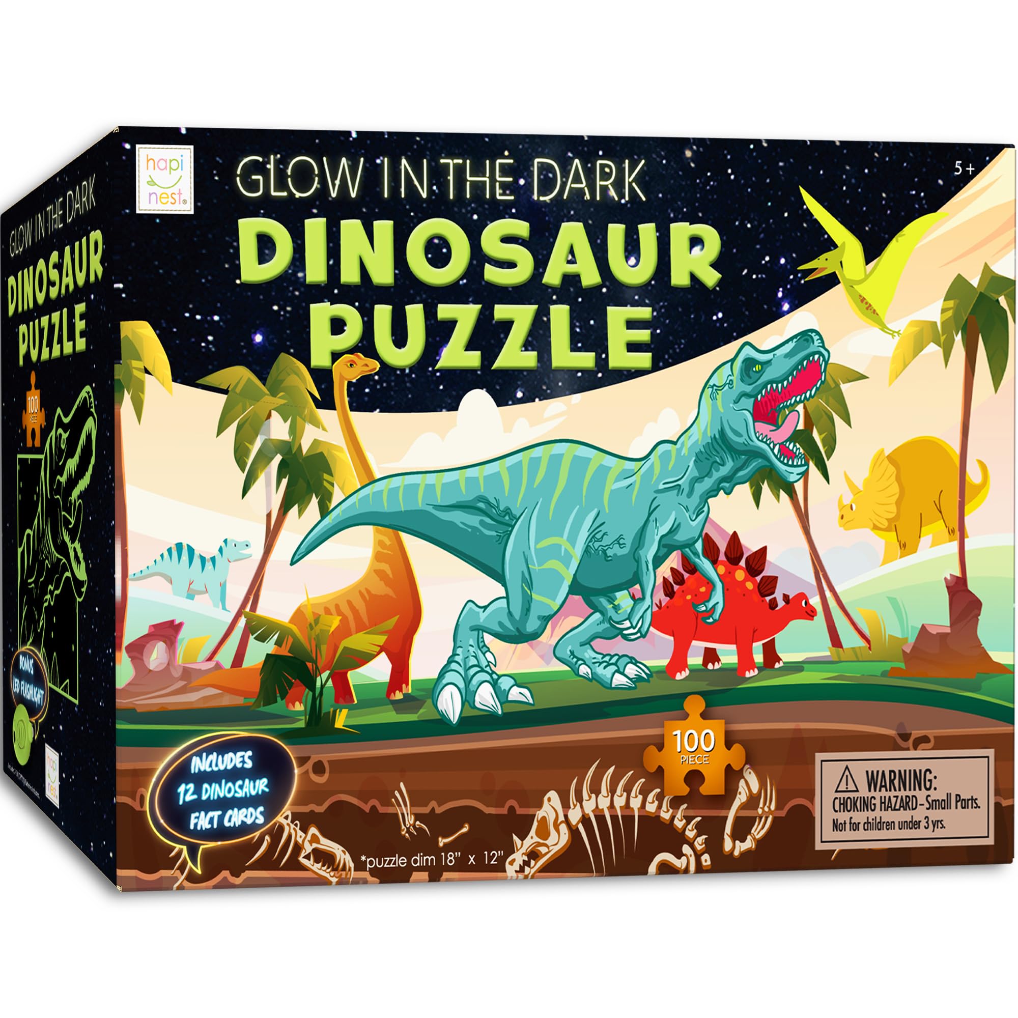 Hapinest Glow-in-the-Dark Dinosaur Puzzle 100 Pieces with Fact Cards and LED Flashlight for Kids Ages 5+
