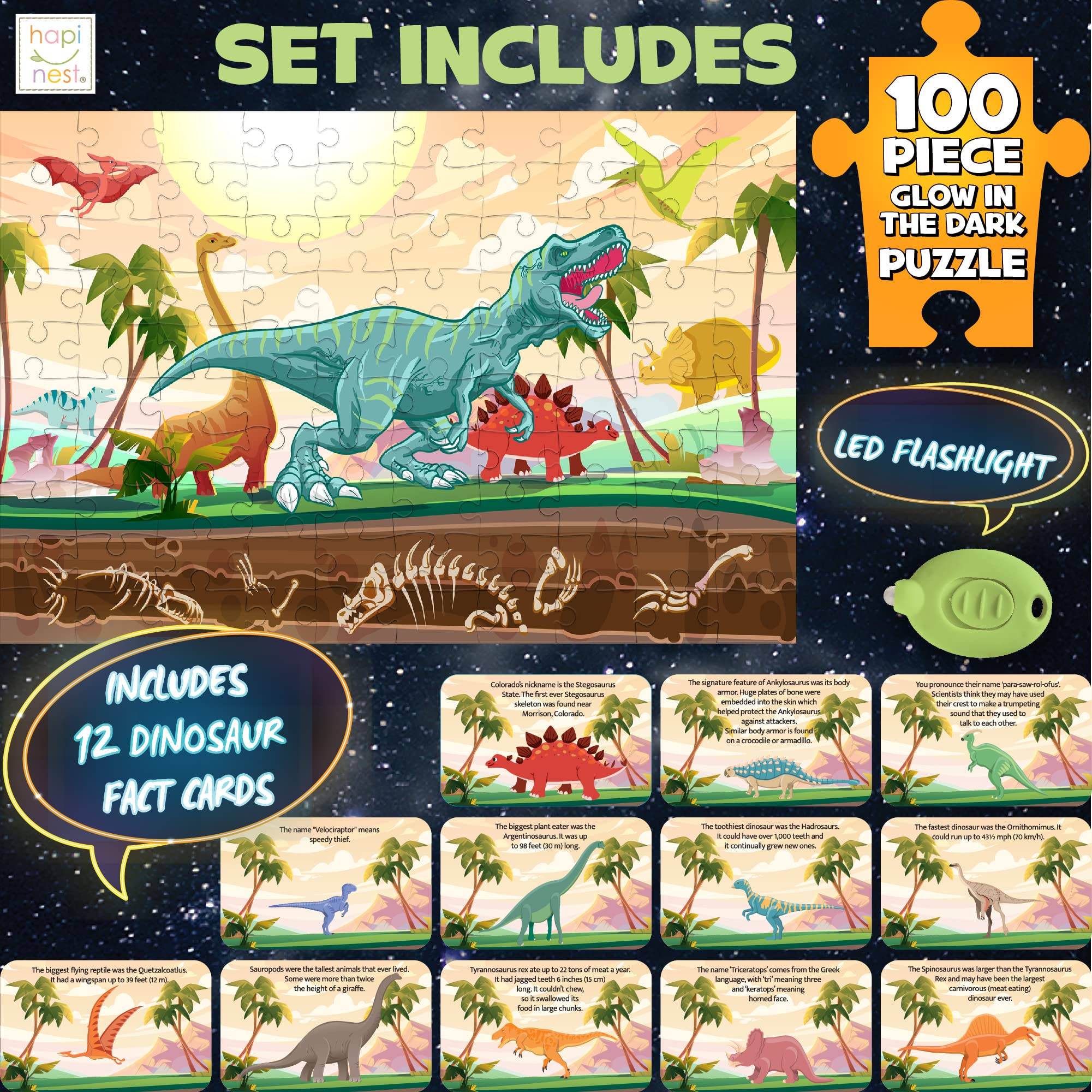 Hapinest Glow-in-the-Dark Dinosaur Puzzle 100 Pieces with Fact Cards and LED Flashlight for Kids Ages 5+