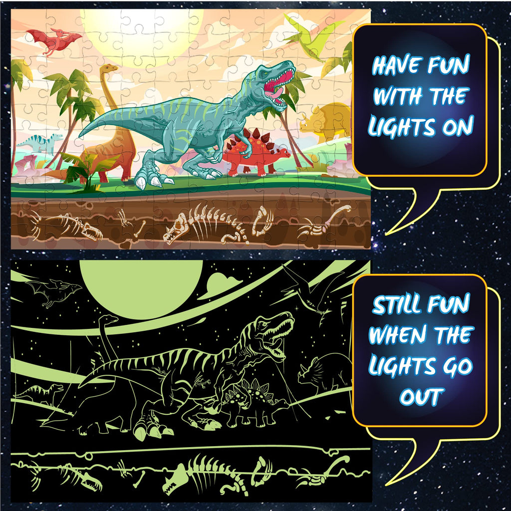 Hapinest Glow-in-the-Dark Dinosaur Puzzle 100 Pieces with Fact Cards and LED Flashlight for Kids Ages 5+