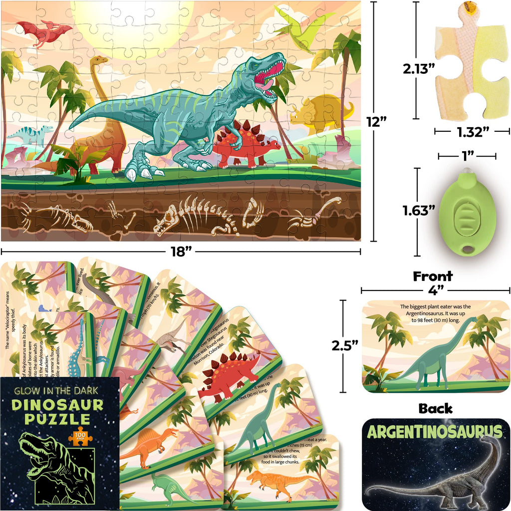 Hapinest Glow-in-the-Dark Dinosaur Puzzle 100 Pieces with Fact Cards and LED Flashlight for Kids Ages 5+