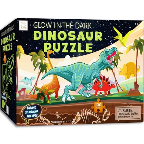 Hapinest Glow-in-the-Dark Dinosaur Puzzle 100 Pieces with Fact Cards and LED Flashlight for Kids Ages 5+