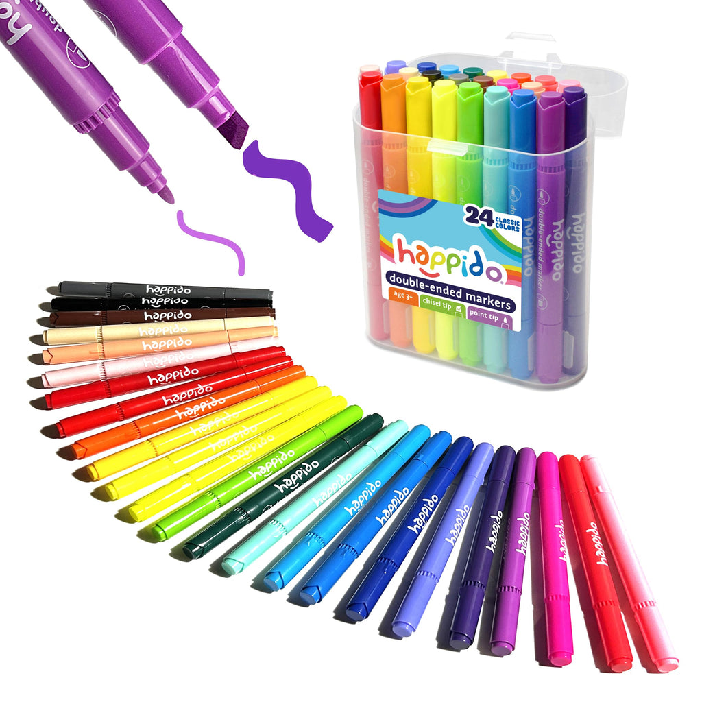 Happido 24 Double Sided Markers Set – Chisel & Point Tips, Non-Toxic, with Travel Case for Kids & Adults