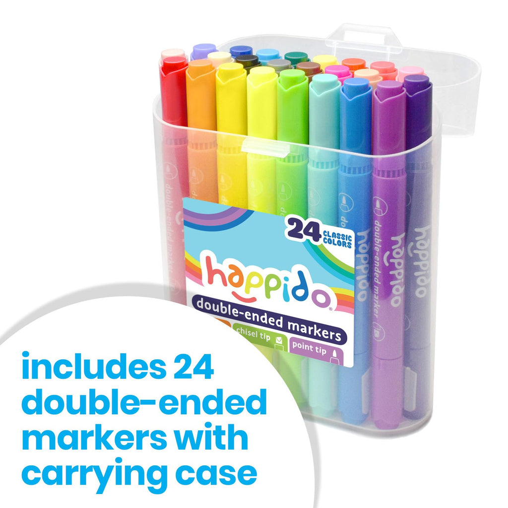 Happido 24 Double Sided Markers Set – Chisel & Point Tips, Non-Toxic, with Travel Case for Kids & Adults