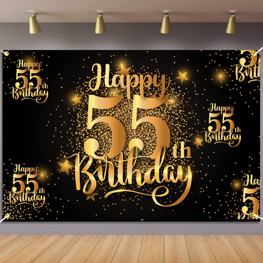 Happy 55th Birthday Backdrop Banner - Glitter Black Gold 6x4 ft Step and Repeat Decor