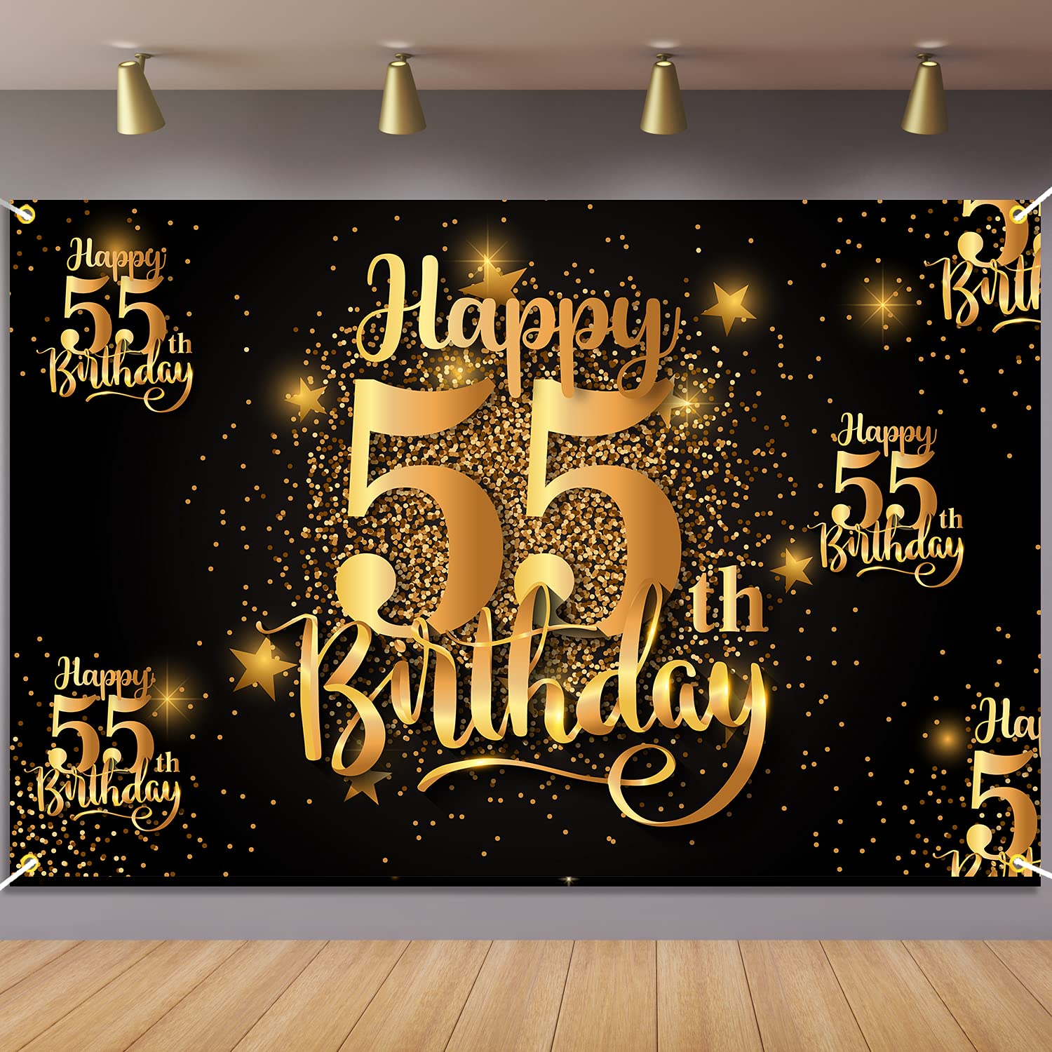 Happy 55th Birthday Backdrop Banner - Glitter Black Gold 6x4 ft Step and Repeat Decor