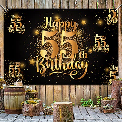Happy 55th Birthday Backdrop Banner - Glitter Black Gold 6x4 ft Step and Repeat Decor