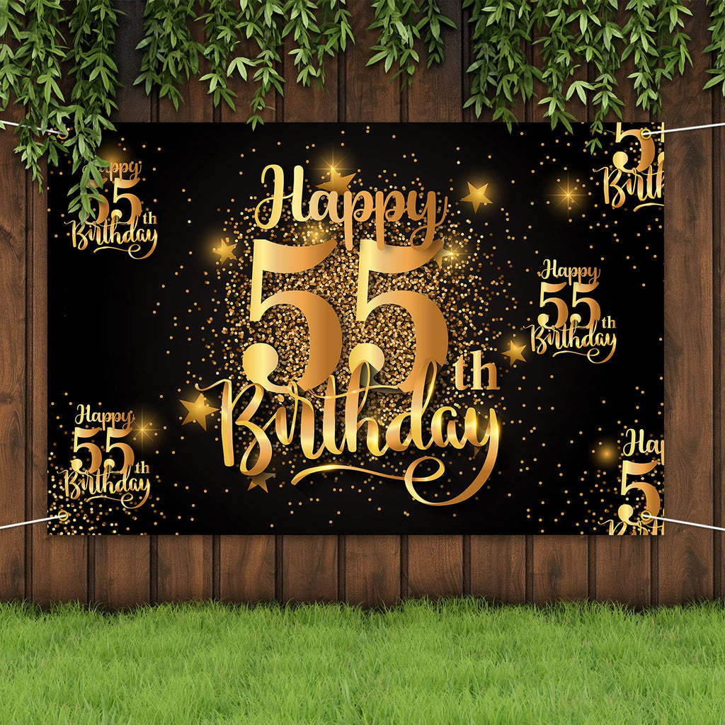 Happy 55th Birthday Backdrop Banner - Glitter Black Gold 6x4 ft Step and Repeat Decor