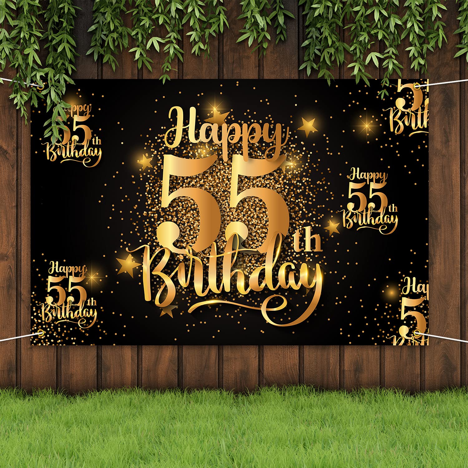 Happy 55th Birthday Backdrop Banner - Glitter Black Gold 6x4 ft Step and Repeat Decor