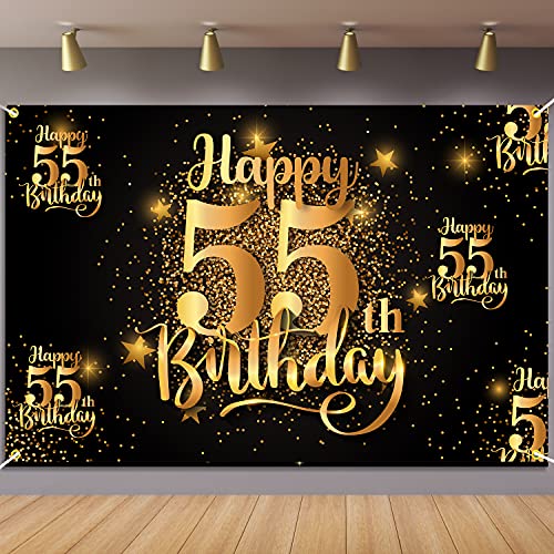 Happy 55th Birthday Backdrop Banner - Glitter Black Gold 6x4 ft Step and Repeat Decor