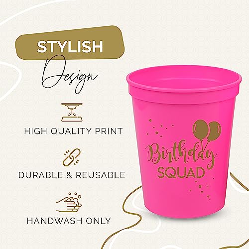Happy Birthday Squad Cups - Set of 12 Pink 16oz Plastic Cups for Milestone Birthday Parties, Bachelorette, and More