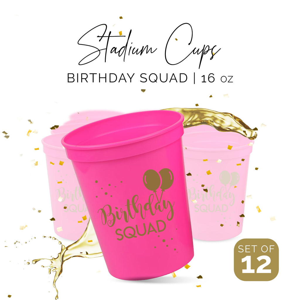 Happy Birthday Squad Cups - Set of 12 Pink 16oz Plastic Cups for Milestone Birthday Parties, Bachelorette, and More