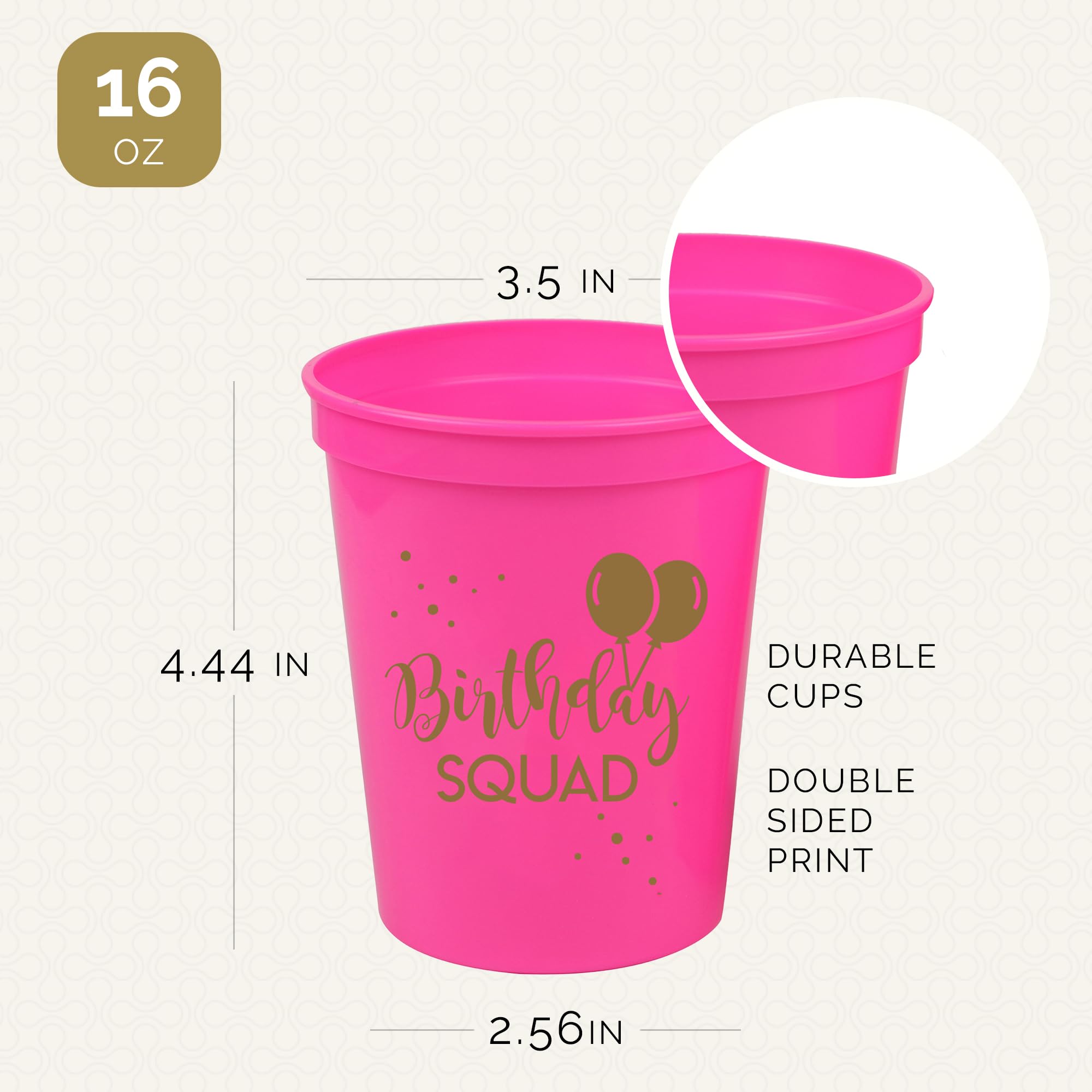 Happy Birthday Squad Cups - Set of 12 Pink 16oz Plastic Cups for Milestone Birthday Parties, Bachelorette, and More