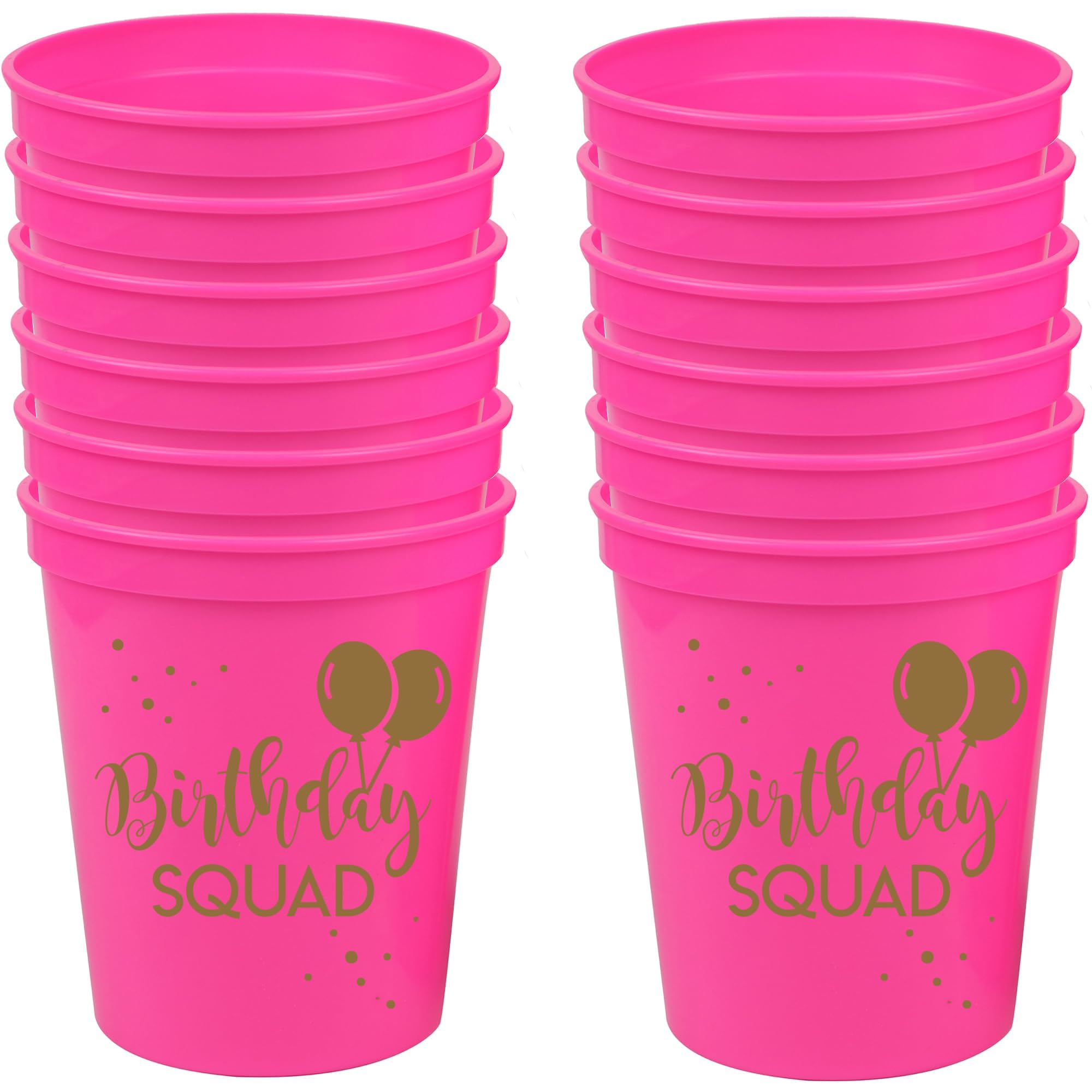 Happy Birthday Squad Cups - Set of 12 Pink 16oz Plastic Cups for Milestone Birthday Parties, Bachelorette, and More