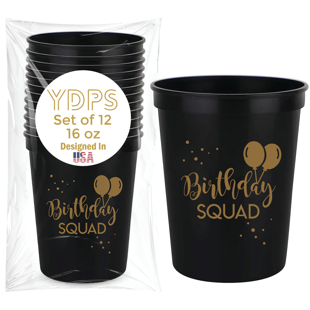 Happy Birthday Squad Cups – 12 Pack of 16oz Black Plastic Cups for Adult Birthday Party Favors & Decorations