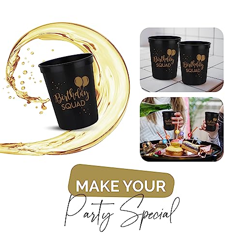 Happy Birthday Squad Cups – 12 Pack of 16oz Black Plastic Cups for Adult Birthday Party Favors & Decorations