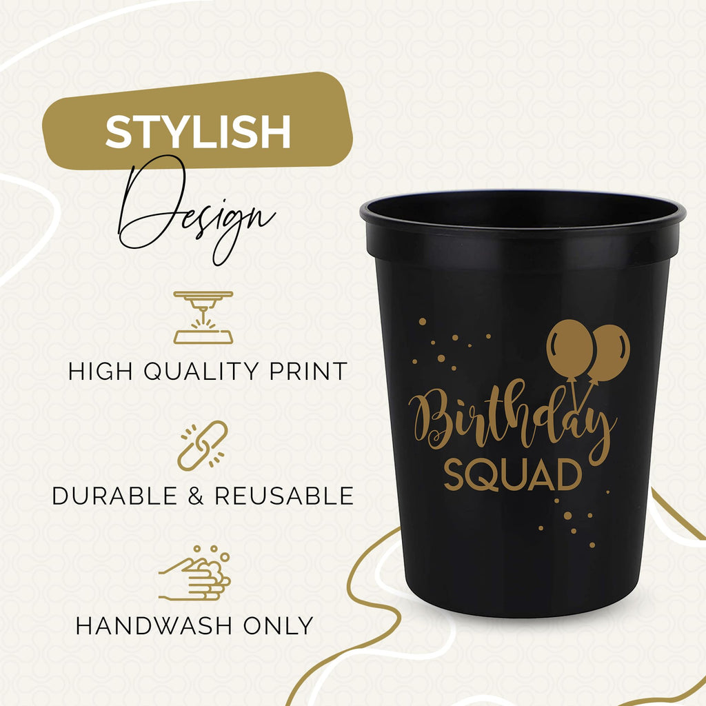 Happy Birthday Squad Cups – 12 Pack of 16oz Black Plastic Cups for Adult Birthday Party Favors & Decorations