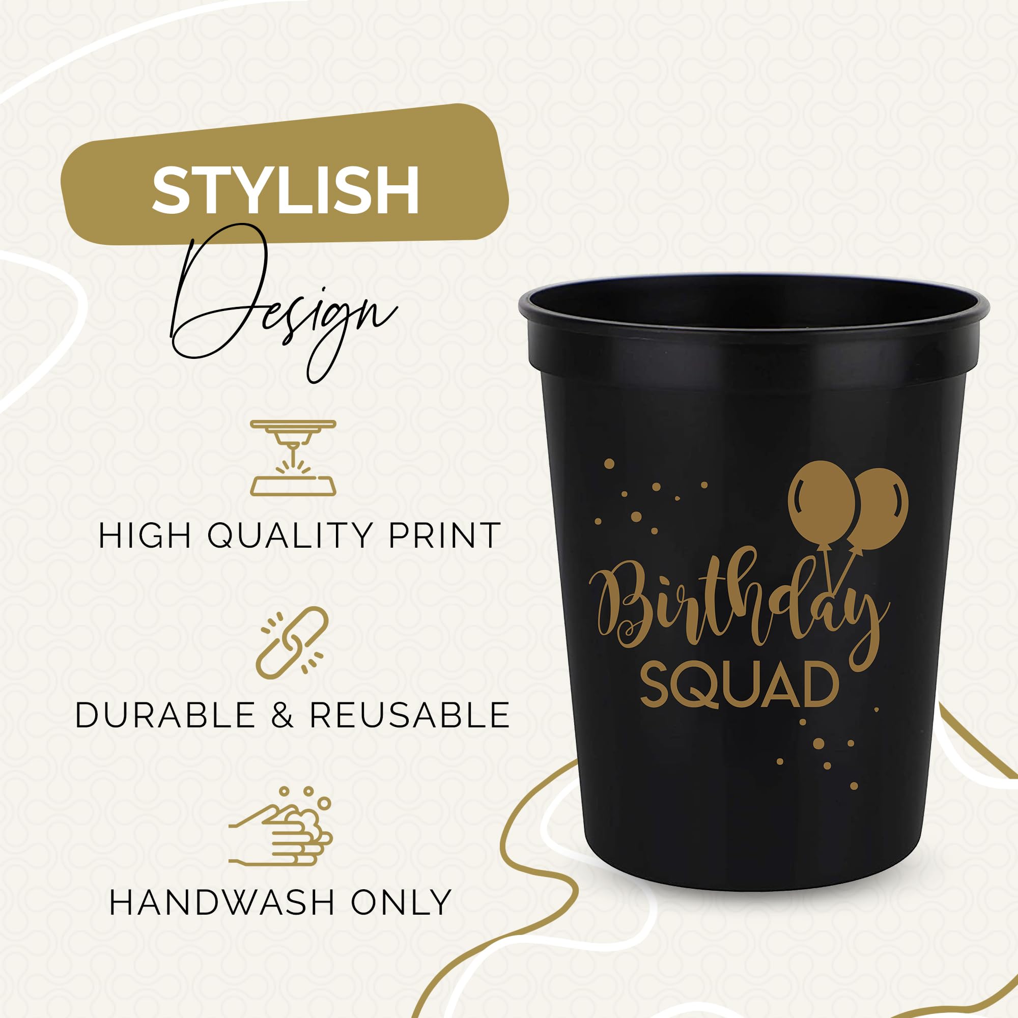 Happy Birthday Squad Cups – 12 Pack of 16oz Black Plastic Cups for Adult Birthday Party Favors & Decorations