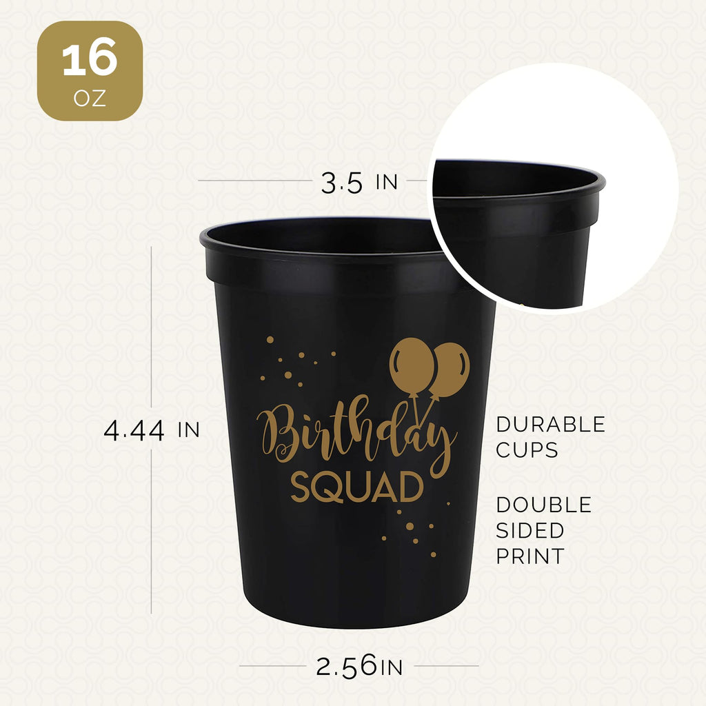 Happy Birthday Squad Cups – 12 Pack of 16oz Black Plastic Cups for Adult Birthday Party Favors & Decorations