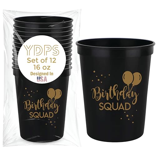 Happy Birthday Squad Cups – 12 Pack of 16oz Black Plastic Cups for Adult Birthday Party Favors & Decorations