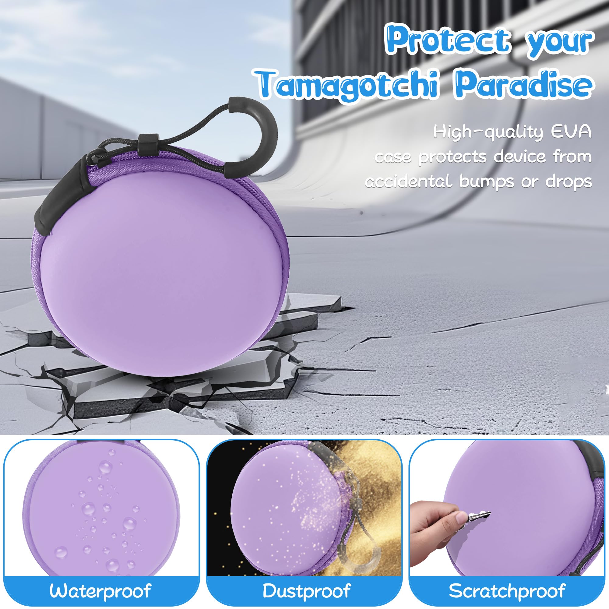Hard EVA Carrying Case for Tamagotchi Paradise & NANO-MALS – Purple with Lanyard & Carabiner