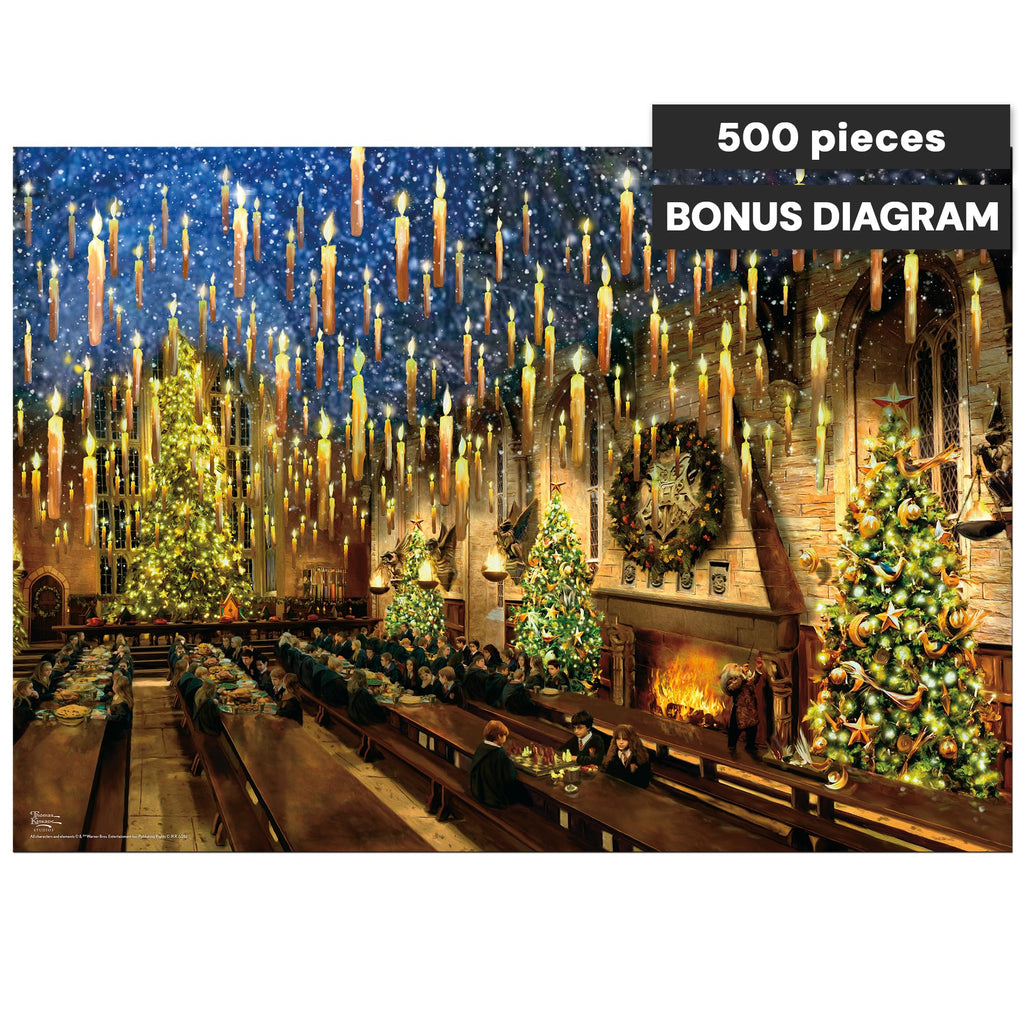 Harry Potter Great Hall 500-Piece Jigsaw Puzzle by Thomas Kinkade – Ceaco Silver Select – Festive Christmas Art for Adults