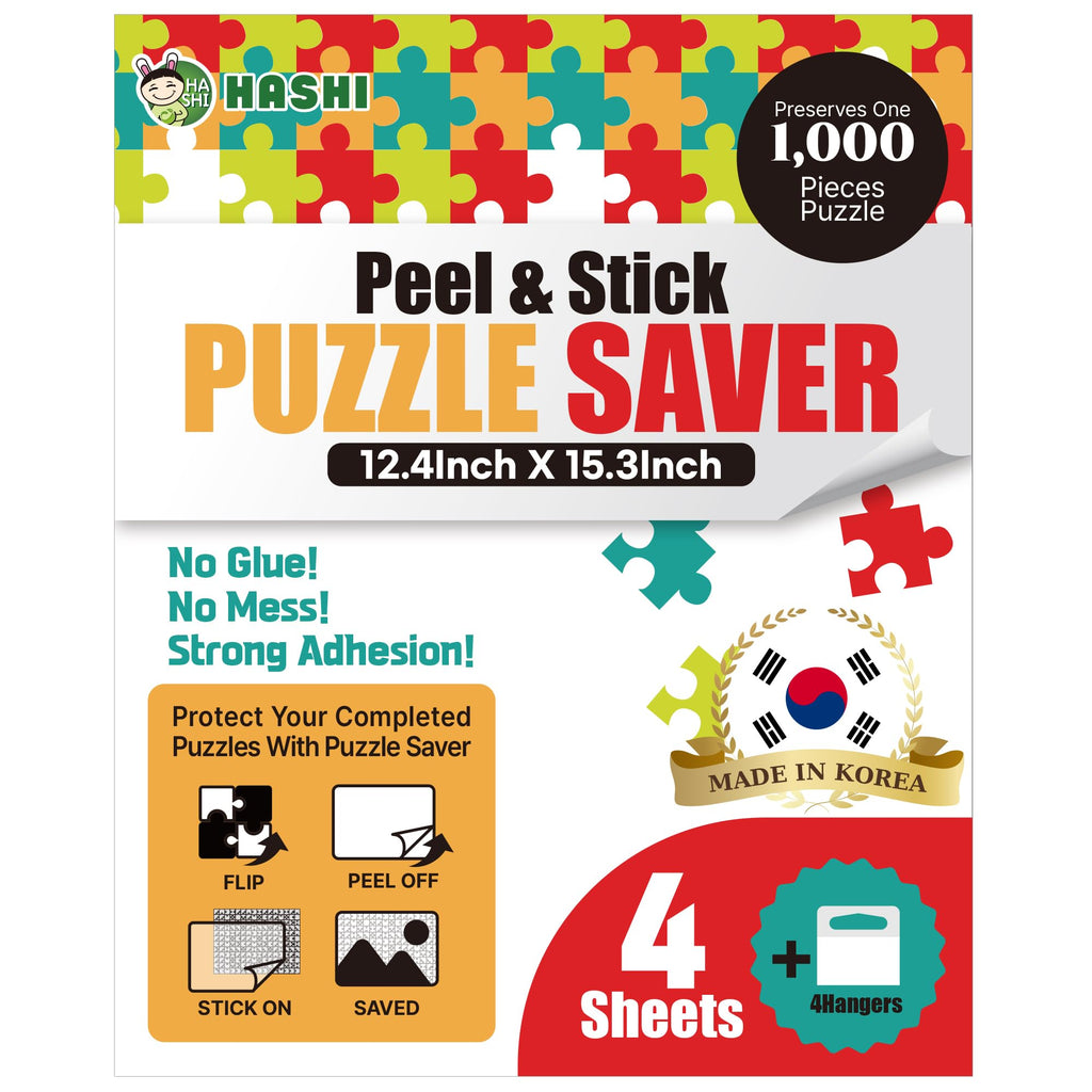 HASHI Puzzle Saver 4 Sheets with Hangers – Peel & Stick Adhesive for 1000-Piece Jigsaw Puzzles