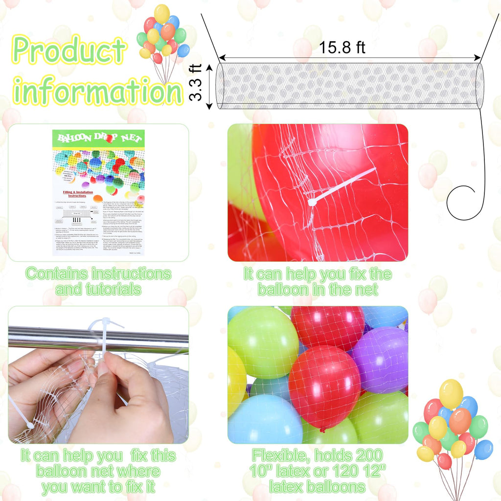 Haull Balloon Drop Net – 15.8 x 3.3 ft, Holds Up to 200 Balloons for Wedding, Birthday, Graduation & New Year's Celebrations
