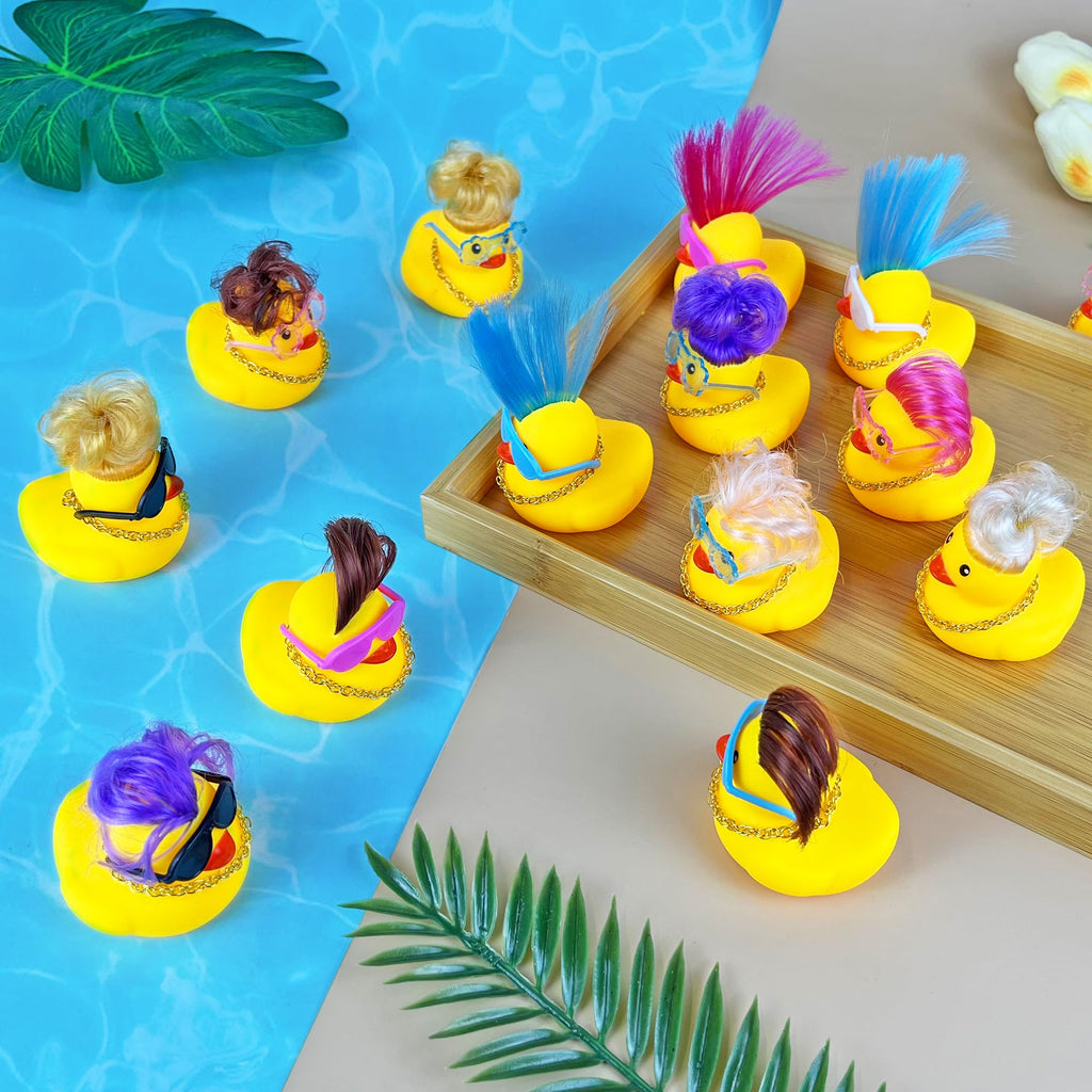HAVAGDTM 16-Pack Mini Duck Toys with Wigs, Necklaces & Sunglasses – Cute Party Favors for Kids