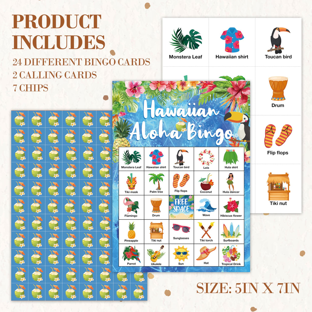 Hawaiian Aloha Bingo Game – 24 Tropical Luau Bingo Cards for Adults, Summer Party Supplies by HMJKL