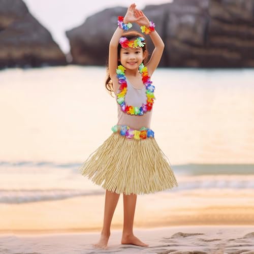 Hawaiian Hula Grass Skirt Set for Girls – 5-Piece Luau Costume with Flowers