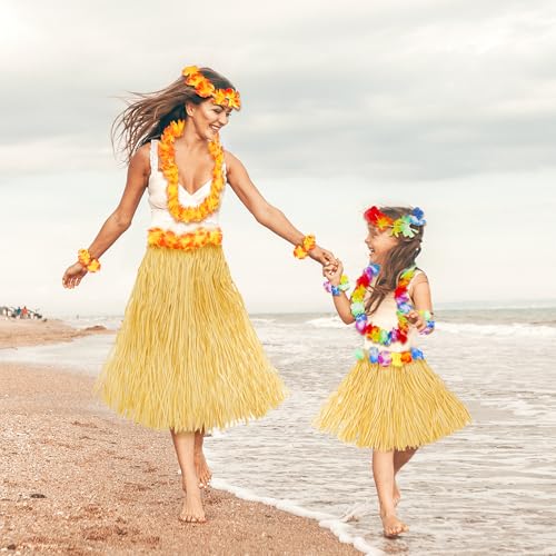 Hawaiian Hula Grass Skirt Set for Girls – 5-Piece Luau Costume with Flowers