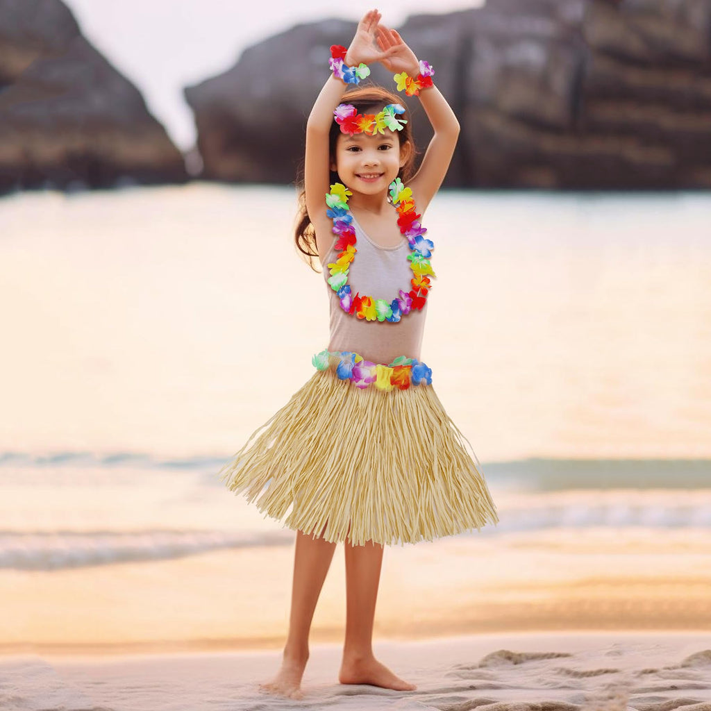 Hawaiian Hula Grass Skirt Set for Girls – 5-Piece Luau Costume with Flowers