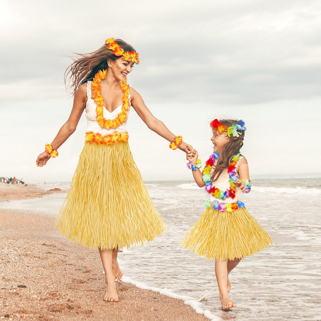 Hawaiian Hula Grass Skirt Set for Girls – 5-Piece Luau Costume with Flowers