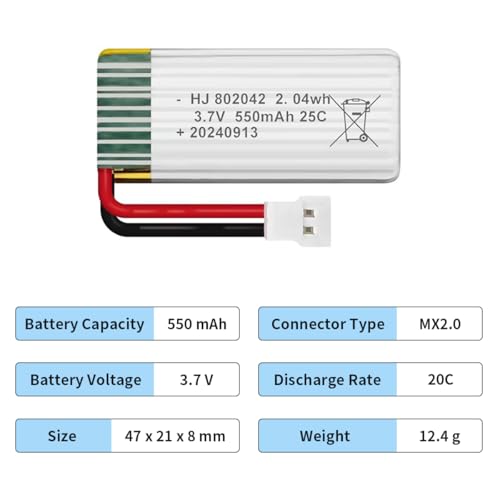 HAWK'S WORK 2 Pcs 3.7V 550mAh Lipo Battery with MX2.0 Connector for RC Models