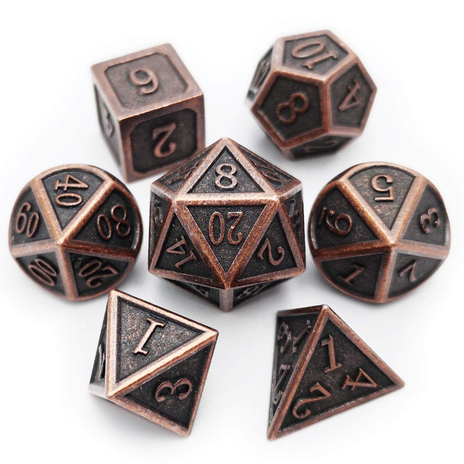 Haxtec Antique Copper Metal DND Dice Set with Leather Bag – 7-Piece Polyhedral Set