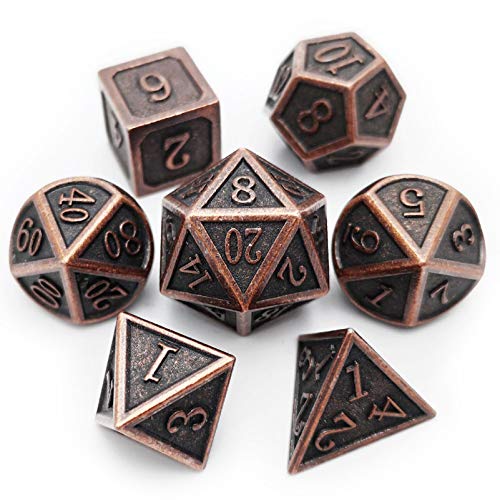 Haxtec Antique Copper Metal DND Dice Set with Leather Bag – 7-Piece Polyhedral Set