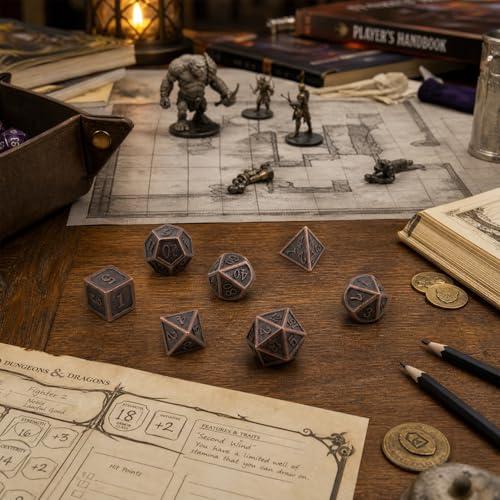 Haxtec Antique Copper Metal DND Dice Set with Leather Bag – 7-Piece Polyhedral Set