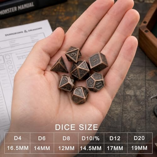 Haxtec Antique Copper Metal DND Dice Set with Leather Bag – 7-Piece Polyhedral Set