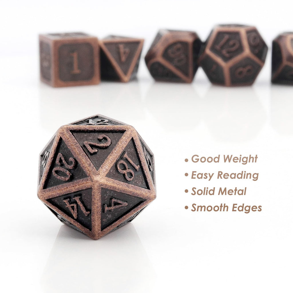 Haxtec Antique Copper Metal DND Dice Set with Leather Bag – 7-Piece Polyhedral Set