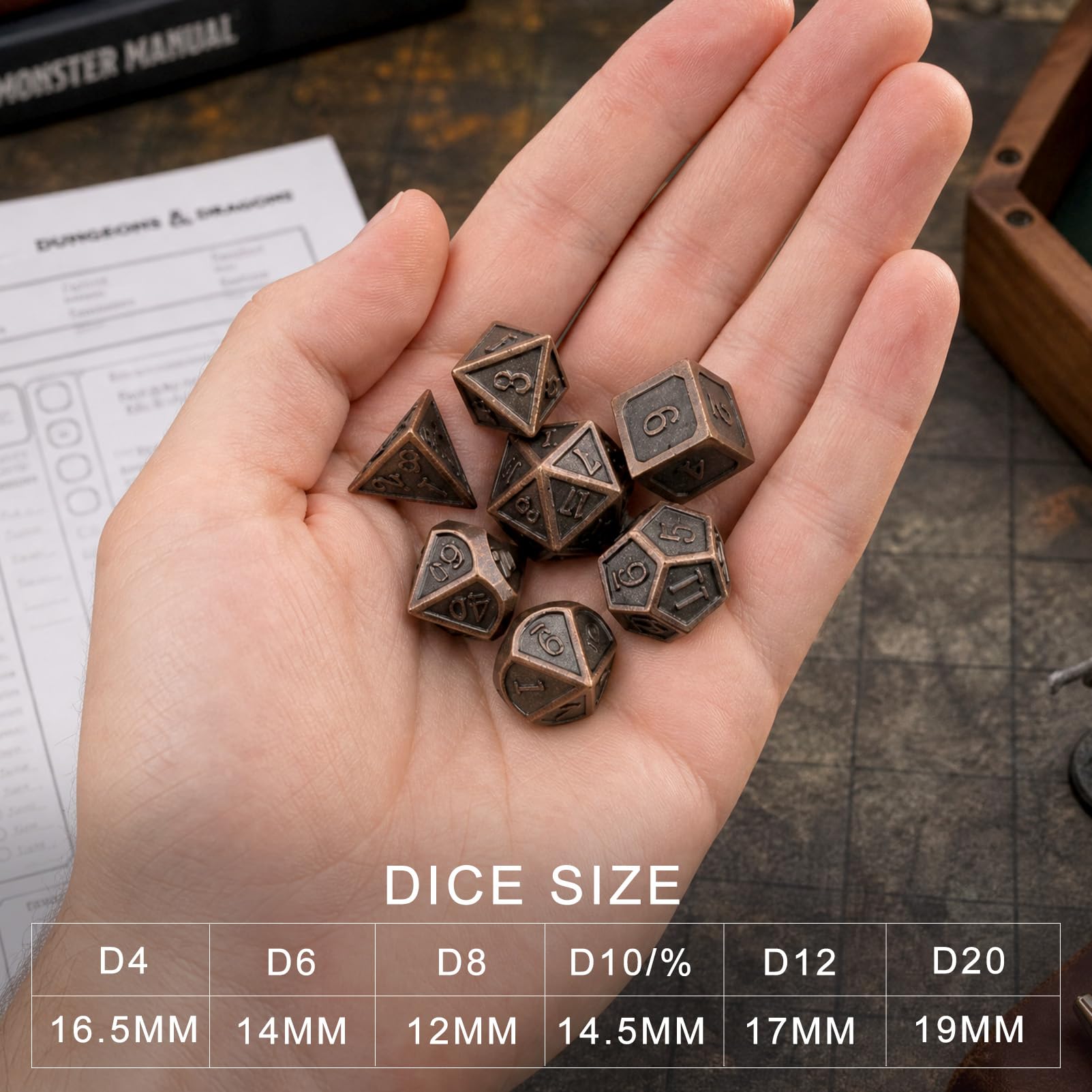 Haxtec Antique Copper Metal DND Dice Set with Leather Bag – 7-Piece Polyhedral Set