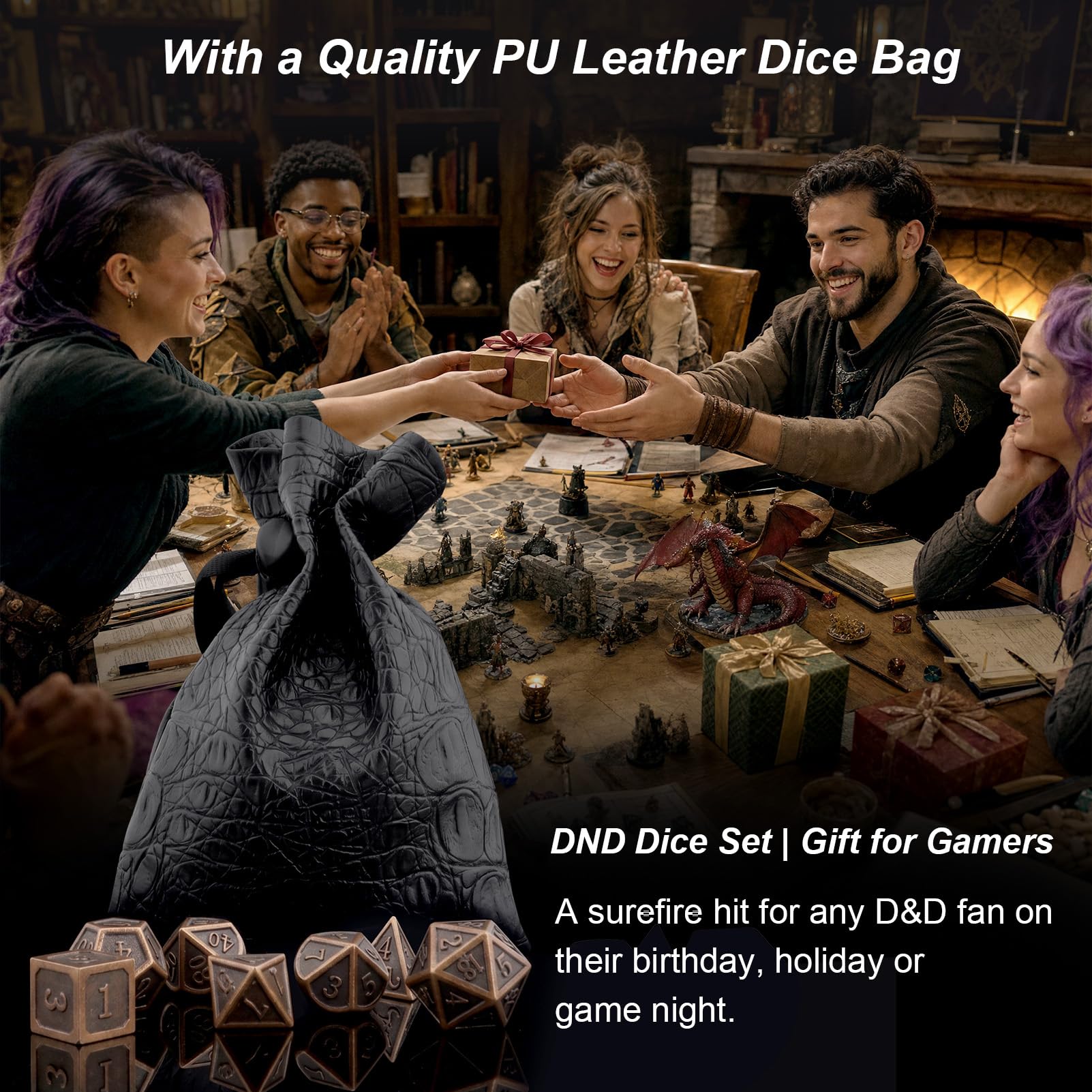 Haxtec Antique Copper Metal DND Dice Set with Leather Bag – 7-Piece Polyhedral Set
