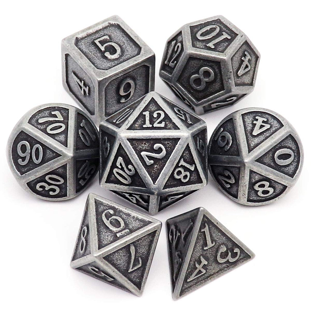 Haxtec Antique Silver Metal D&D Dice Set – Solid Zinc Alloy, 105g, with Leather Dice Bag