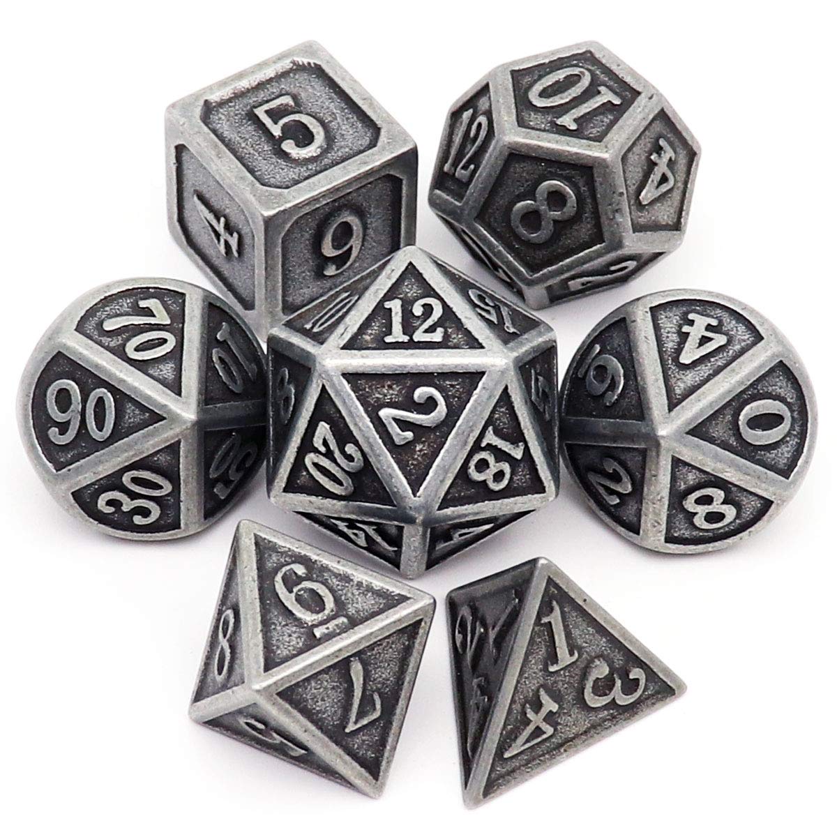 Haxtec Antique Silver Metal D&D Dice Set – Solid Zinc Alloy, 105g, with Leather Dice Bag