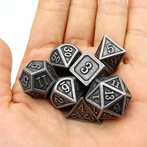Haxtec Antique Silver Metal D&D Dice Set – Solid Zinc Alloy, 105g, with Leather Dice Bag