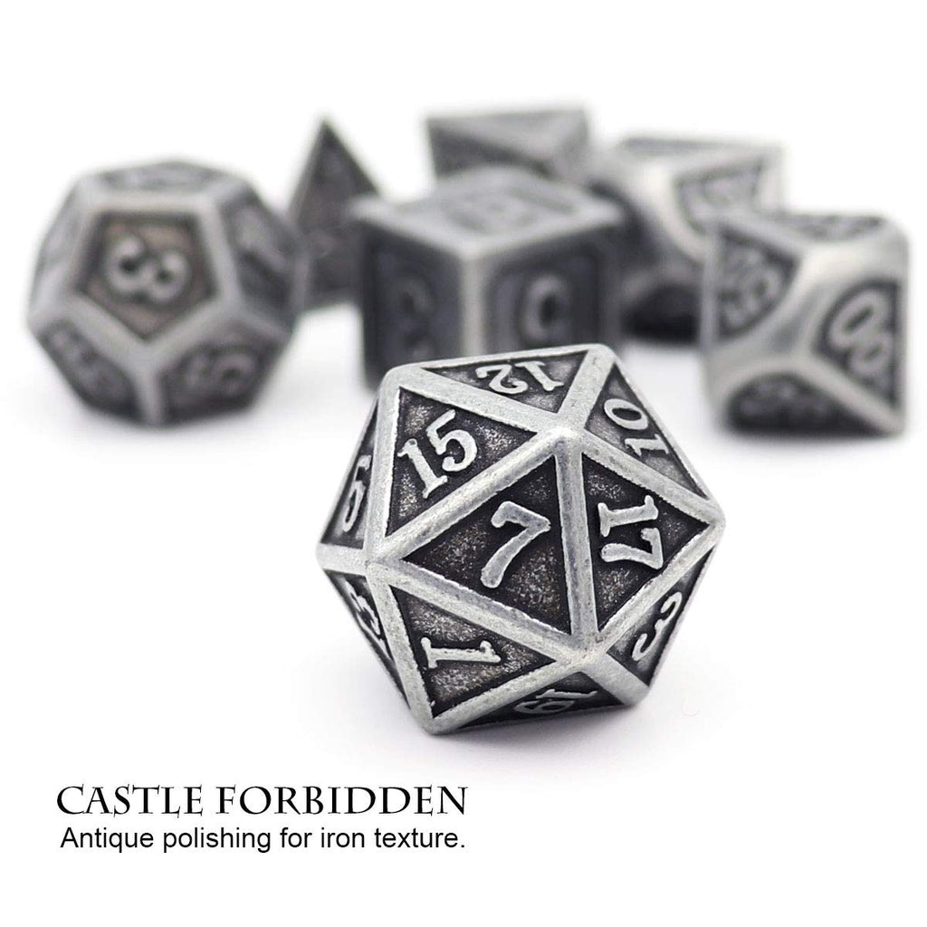 Haxtec Antique Silver Metal D&D Dice Set – Solid Zinc Alloy, 105g, with Leather Dice Bag