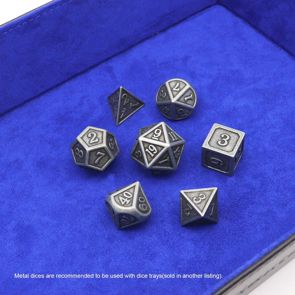Haxtec Antique Silver Metal D&D Dice Set – Solid Zinc Alloy, 105g, with Leather Dice Bag