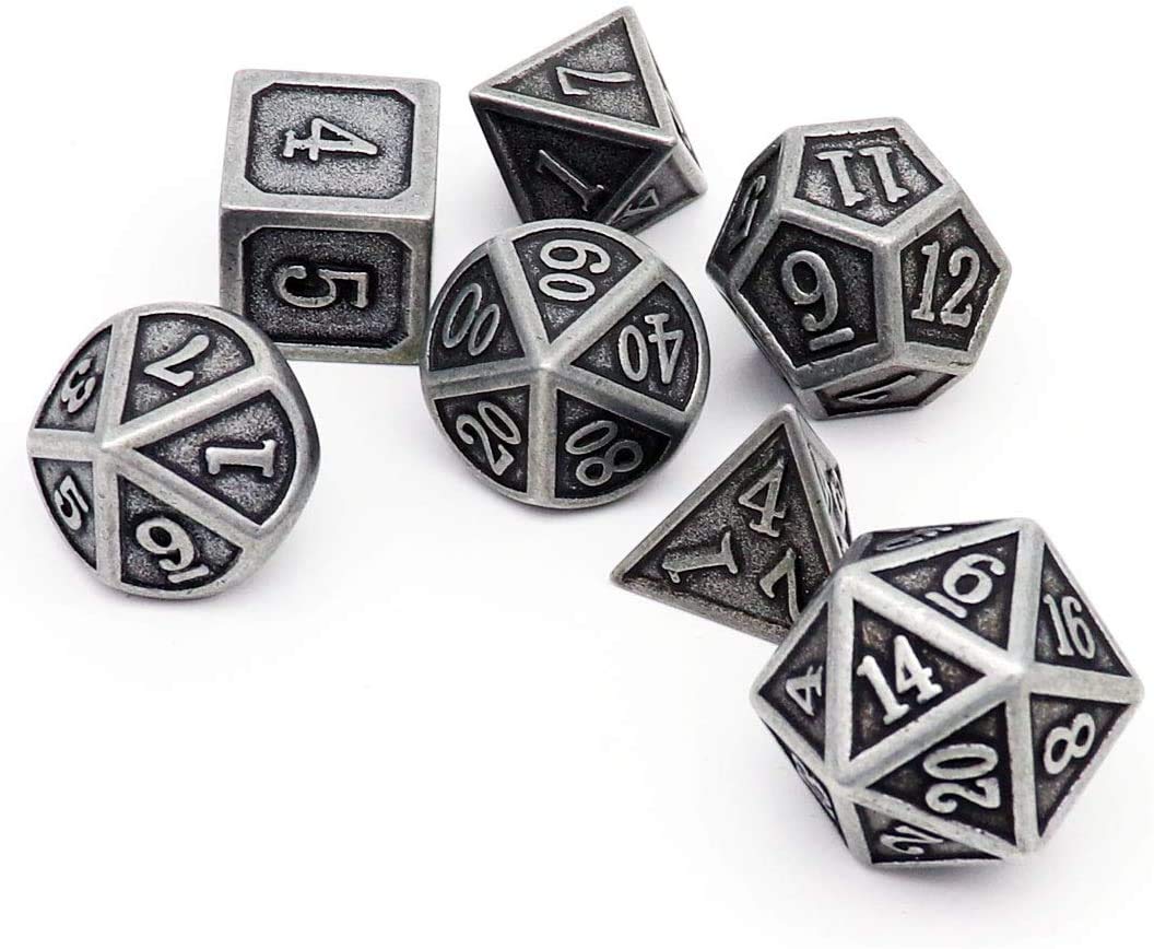 Haxtec Antique Silver Metal D&D Dice Set – Solid Zinc Alloy, 105g, with Leather Dice Bag