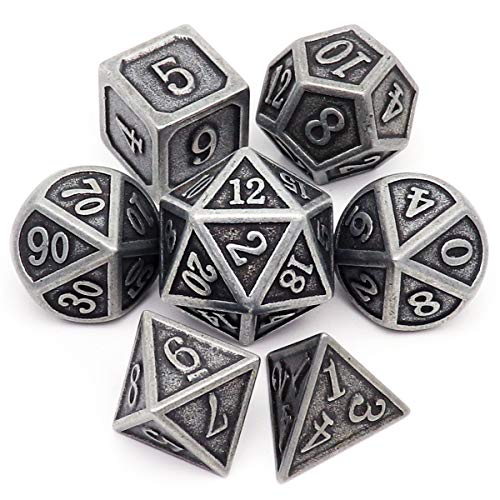 Haxtec Antique Silver Metal D&D Dice Set – Solid Zinc Alloy, 105g, with Leather Dice Bag